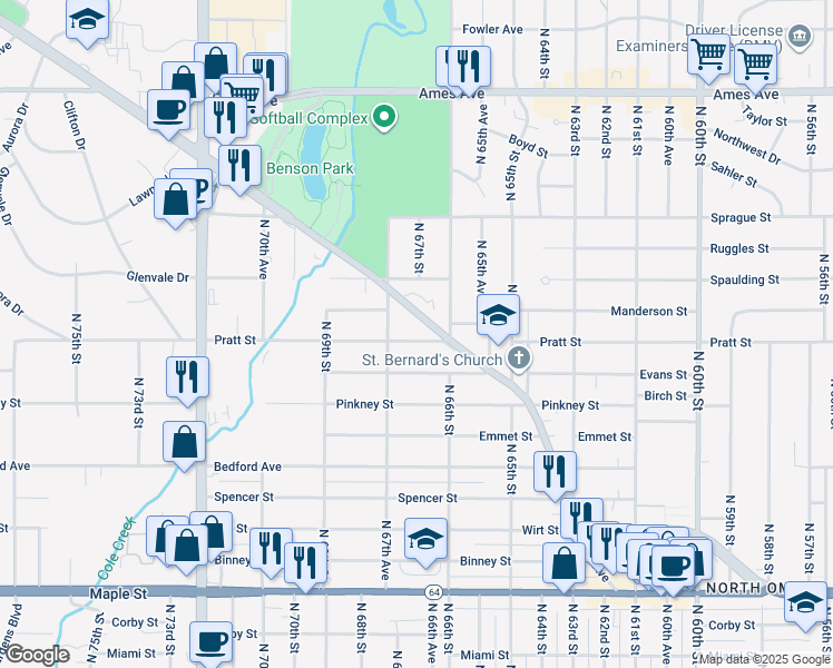 map of restaurants, bars, coffee shops, grocery stores, and more near 6613 Pratt Street in Omaha