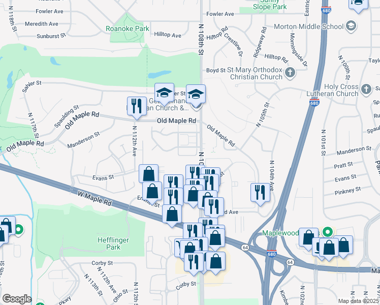 map of restaurants, bars, coffee shops, grocery stores, and more near 3606 North 108th Street in Omaha