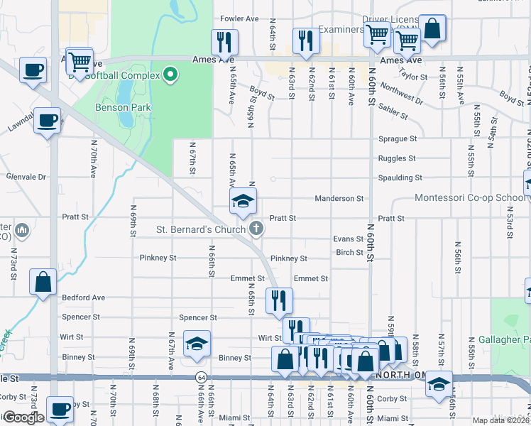 map of restaurants, bars, coffee shops, grocery stores, and more near 6460 Pratt Street in Omaha