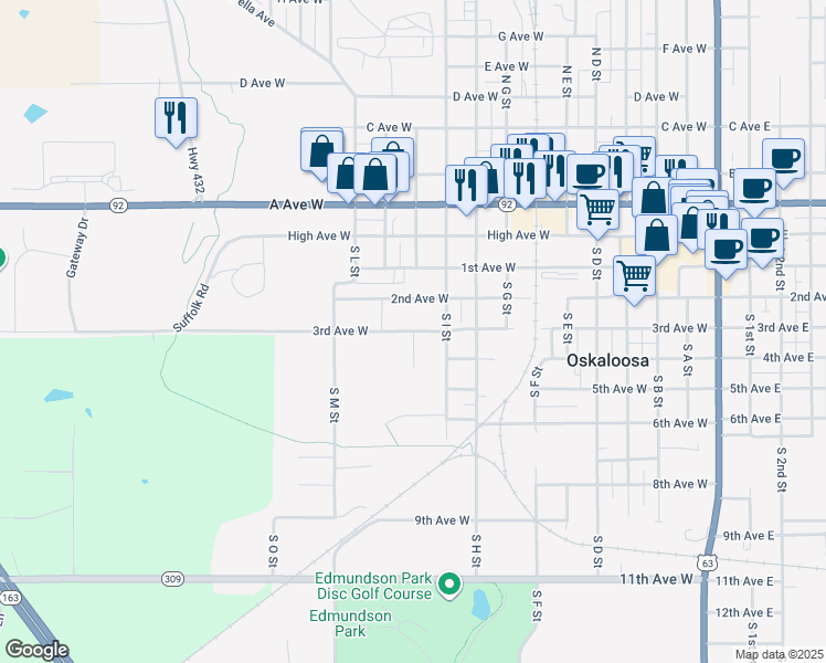 map of restaurants, bars, coffee shops, grocery stores, and more near 1092 3rd Avenue West in Oskaloosa