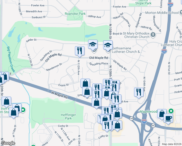 map of restaurants, bars, coffee shops, grocery stores, and more near 11025 Manderson Plaza in Omaha