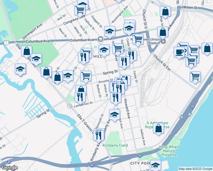 map of restaurants, bars, coffee shops, grocery stores, and more near 53 Arthur Street in New Haven