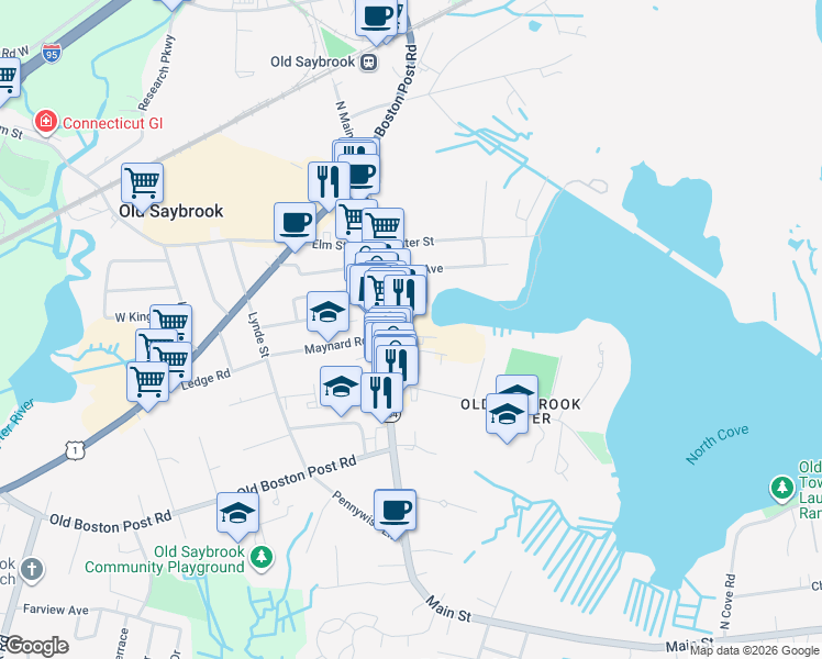 map of restaurants, bars, coffee shops, grocery stores, and more near 210 Main Street in Old Saybrook