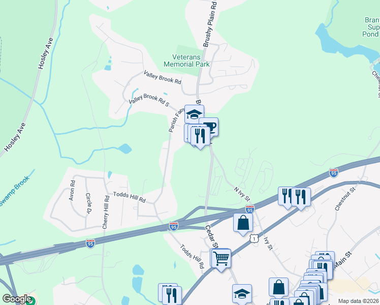 map of restaurants, bars, coffee shops, grocery stores, and more near 4 Brushy Plain Road in Branford