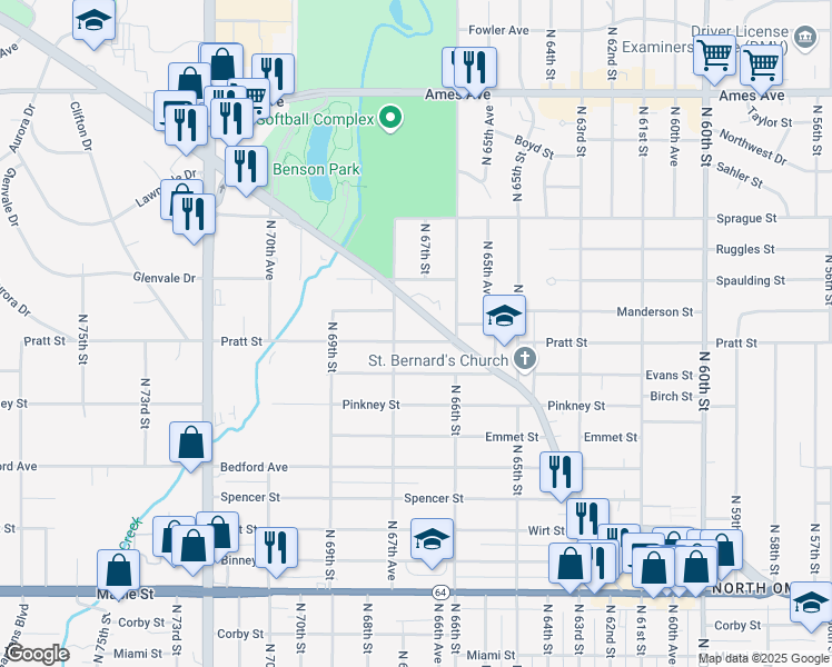 map of restaurants, bars, coffee shops, grocery stores, and more near 6628 Pratt Street in Omaha