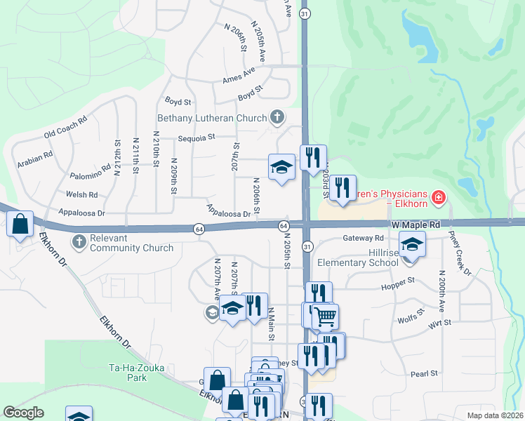 map of restaurants, bars, coffee shops, grocery stores, and more near 3801 North 206th Street in Omaha
