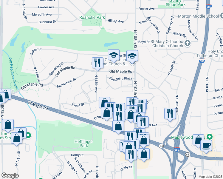 map of restaurants, bars, coffee shops, grocery stores, and more near 11025 Manderson Plaza in Omaha