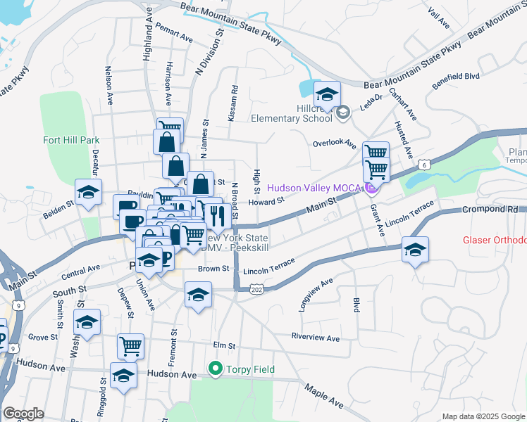 map of restaurants, bars, coffee shops, grocery stores, and more near 1222 Main Street in Peekskill