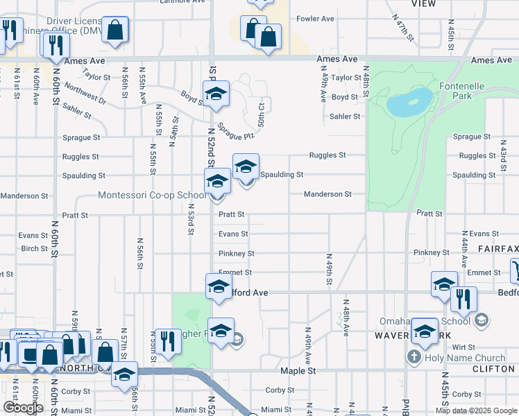 map of restaurants, bars, coffee shops, grocery stores, and more near 5051 Pratt Street in Omaha
