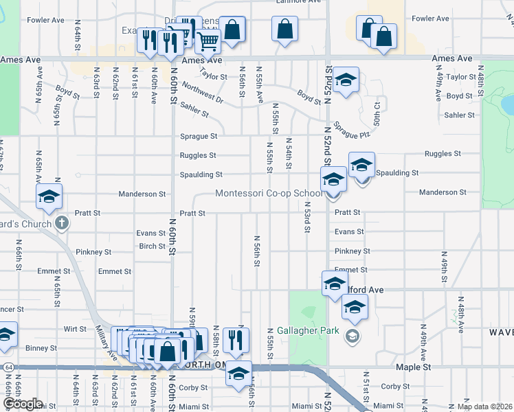 map of restaurants, bars, coffee shops, grocery stores, and more near 3543 North 57th Street in Omaha