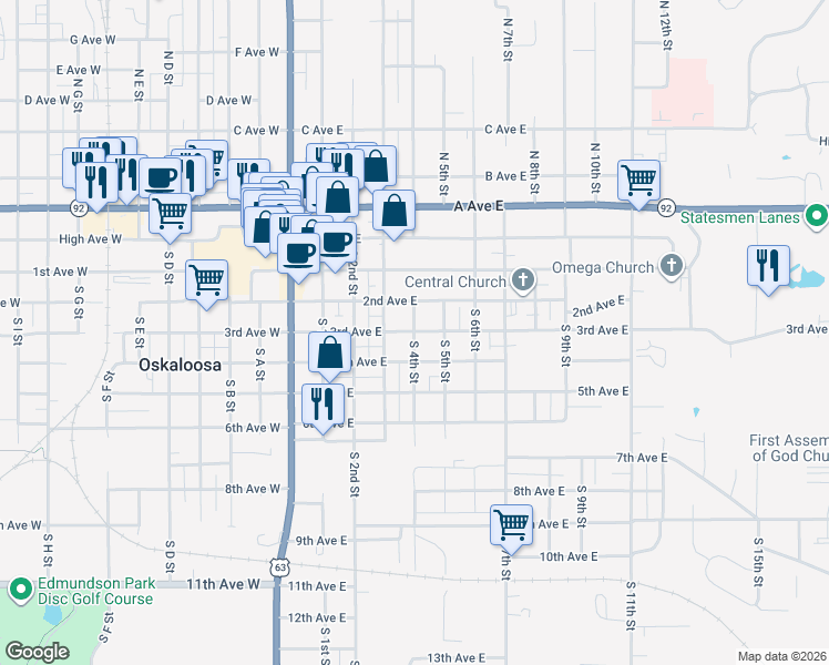 map of restaurants, bars, coffee shops, grocery stores, and more near 400 South 4th Street in Oskaloosa