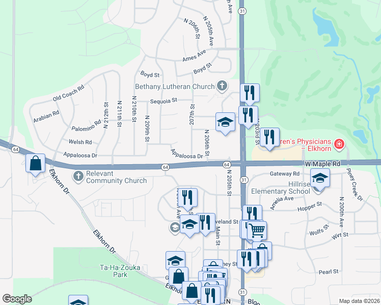 map of restaurants, bars, coffee shops, grocery stores, and more near 20705 Appaloosa Drive in Omaha