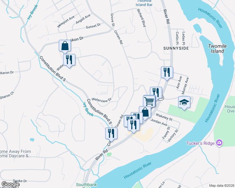 map of restaurants, bars, coffee shops, grocery stores, and more near 126 Morningside Drive in Shelton