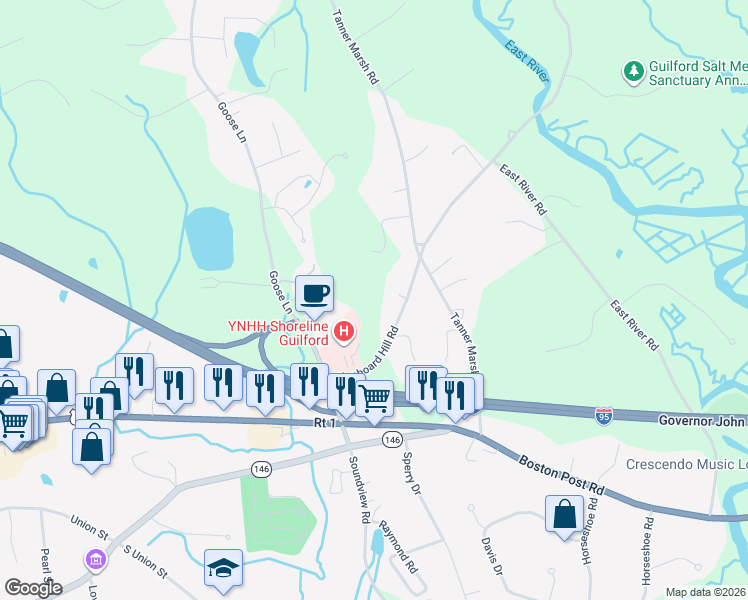 map of restaurants, bars, coffee shops, grocery stores, and more near 110 Clapboard Hill Road in Guilford