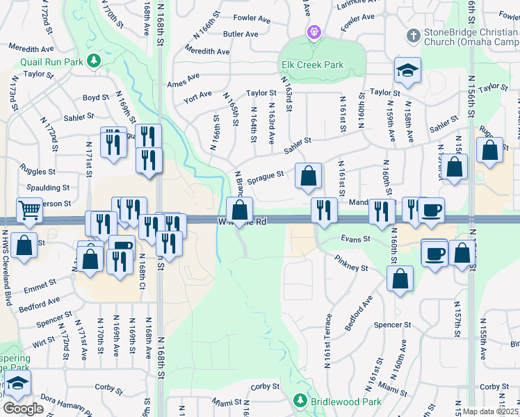 map of restaurants, bars, coffee shops, grocery stores, and more near 16337 Manderson Street in Omaha