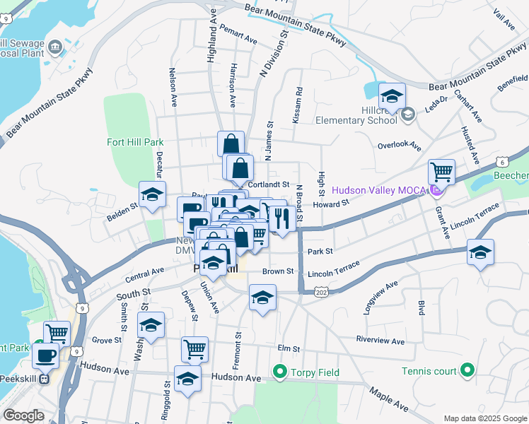 map of restaurants, bars, coffee shops, grocery stores, and more near 9 North James Street in Peekskill