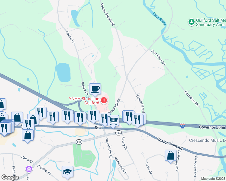 map of restaurants, bars, coffee shops, grocery stores, and more near 110 Clapboard Hill Road in Guilford