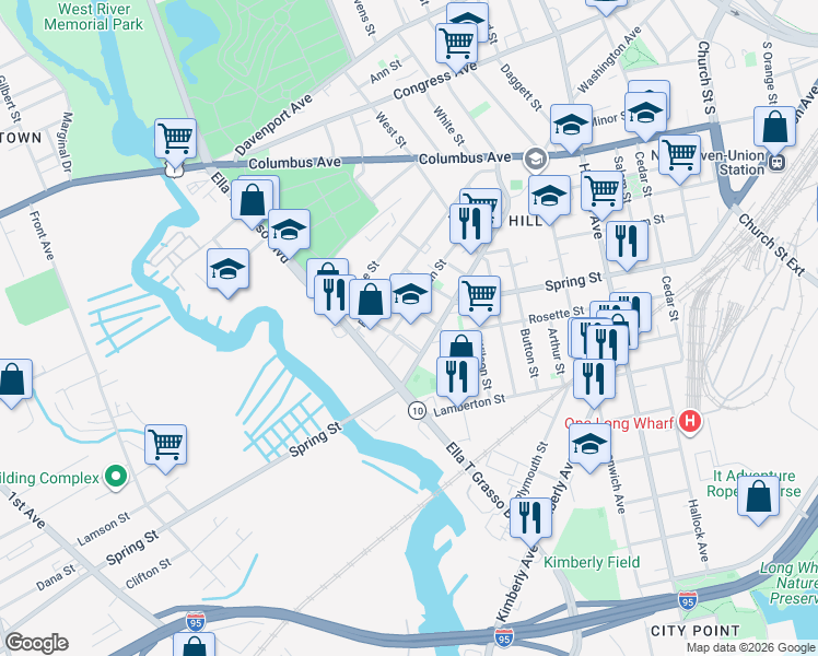 map of restaurants, bars, coffee shops, grocery stores, and more near 114 Truman Street in New Haven