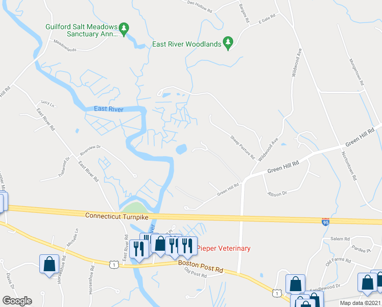 map of restaurants, bars, coffee shops, grocery stores, and more near 91 Green Hill Road in Madison