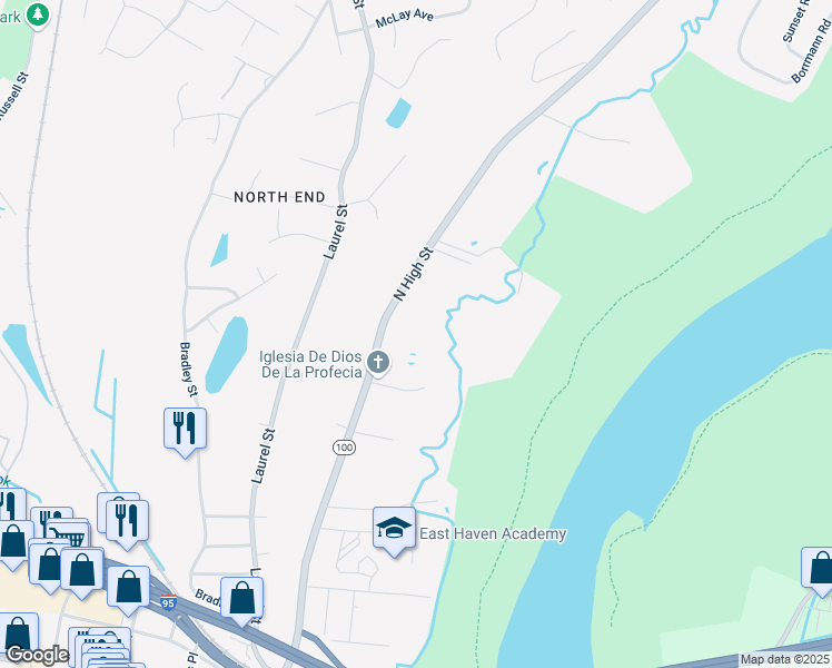 map of restaurants, bars, coffee shops, grocery stores, and more near 429 North High Street in East Haven