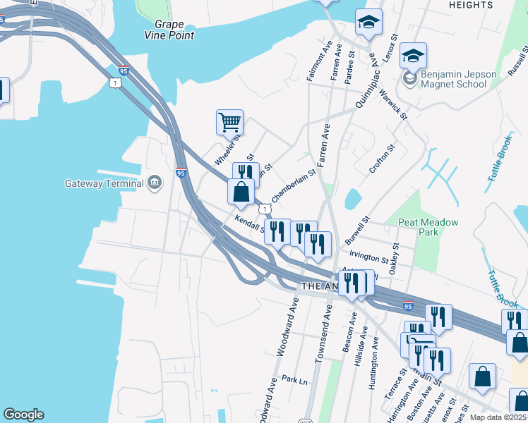 map of restaurants, bars, coffee shops, grocery stores, and more near 110 Kendall Street in New Haven