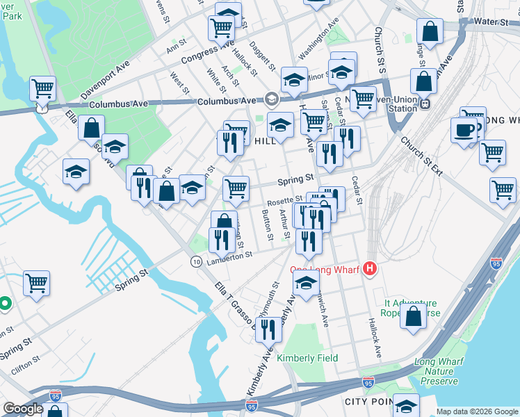 map of restaurants, bars, coffee shops, grocery stores, and more near 48 Hurlburt Street in New Haven
