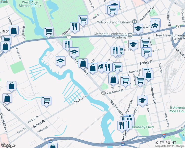 map of restaurants, bars, coffee shops, grocery stores, and more near 150 Truman Street in New Haven