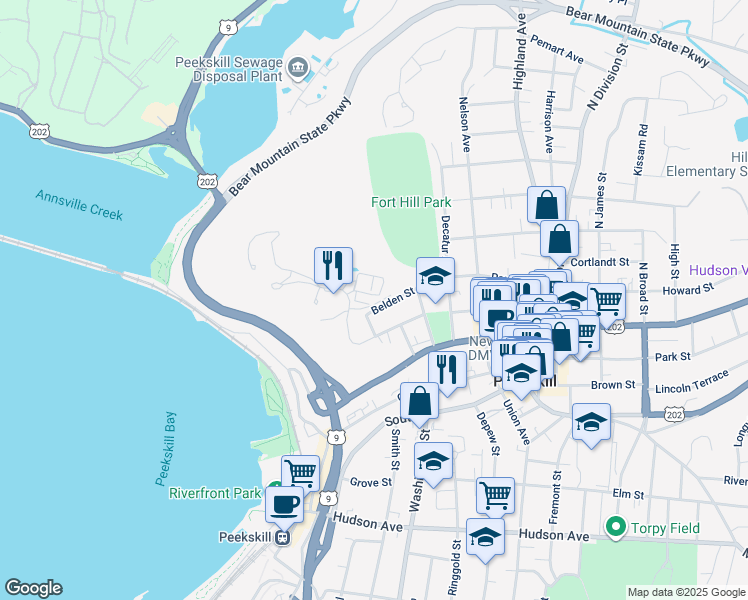 map of restaurants, bars, coffee shops, grocery stores, and more near 212 Saint Marys Street in Peekskill