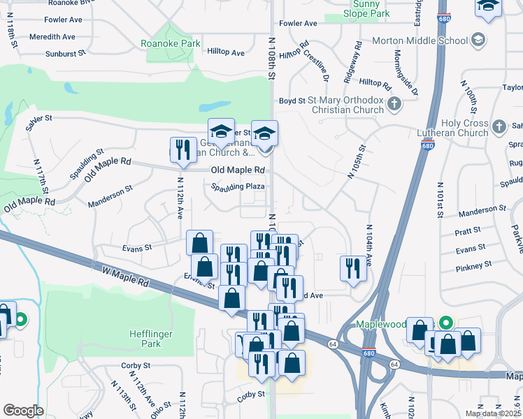 map of restaurants, bars, coffee shops, grocery stores, and more near 3606 North 108th Street in Omaha