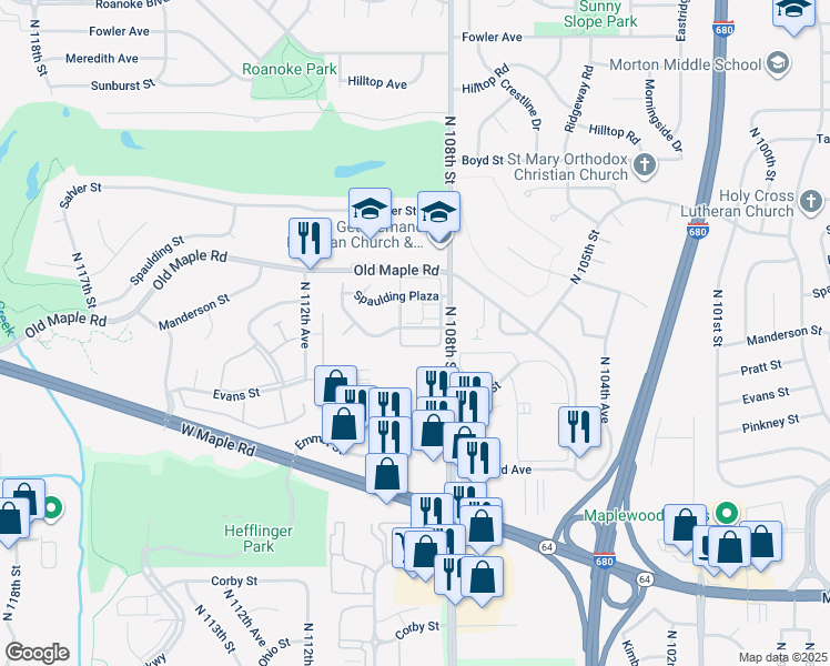 map of restaurants, bars, coffee shops, grocery stores, and more near 3606 North 108th Street in Omaha