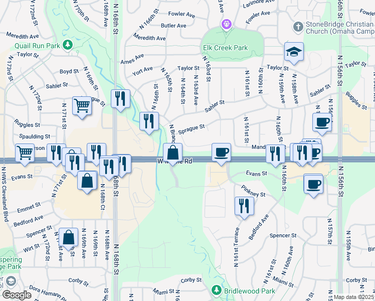 map of restaurants, bars, coffee shops, grocery stores, and more near 16337 Manderson Street in Omaha