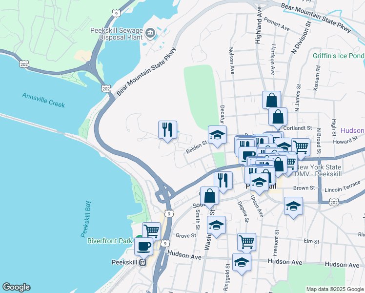 map of restaurants, bars, coffee shops, grocery stores, and more near 200 Fort Hill Road in Peekskill