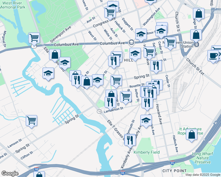 map of restaurants, bars, coffee shops, grocery stores, and more near 103 Morris Street in New Haven
