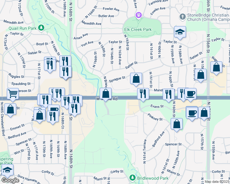 map of restaurants, bars, coffee shops, grocery stores, and more near 16337 Manderson Street in Omaha