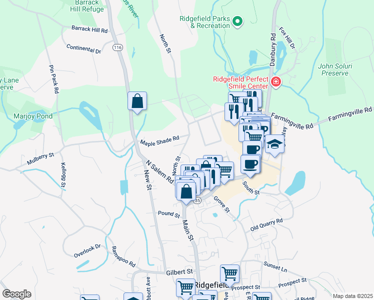 map of restaurants, bars, coffee shops, grocery stores, and more near 48 North Street in Ridgefield