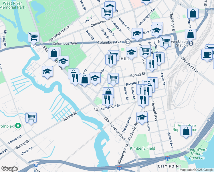 map of restaurants, bars, coffee shops, grocery stores, and more near in New Haven