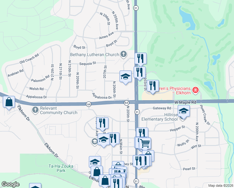 map of restaurants, bars, coffee shops, grocery stores, and more near 3821 North 206th Street in Omaha