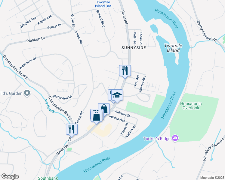 map of restaurants, bars, coffee shops, grocery stores, and more near 20 West Knollwood Terrace in Shelton