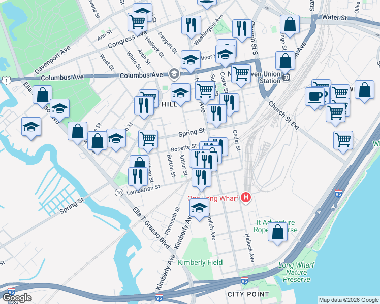 map of restaurants, bars, coffee shops, grocery stores, and more near 91 Rosette Street in New Haven
