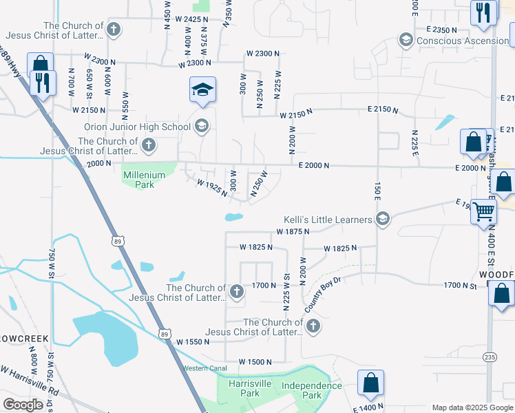 map of restaurants, bars, coffee shops, grocery stores, and more near 1922 North 225 West in Ogden