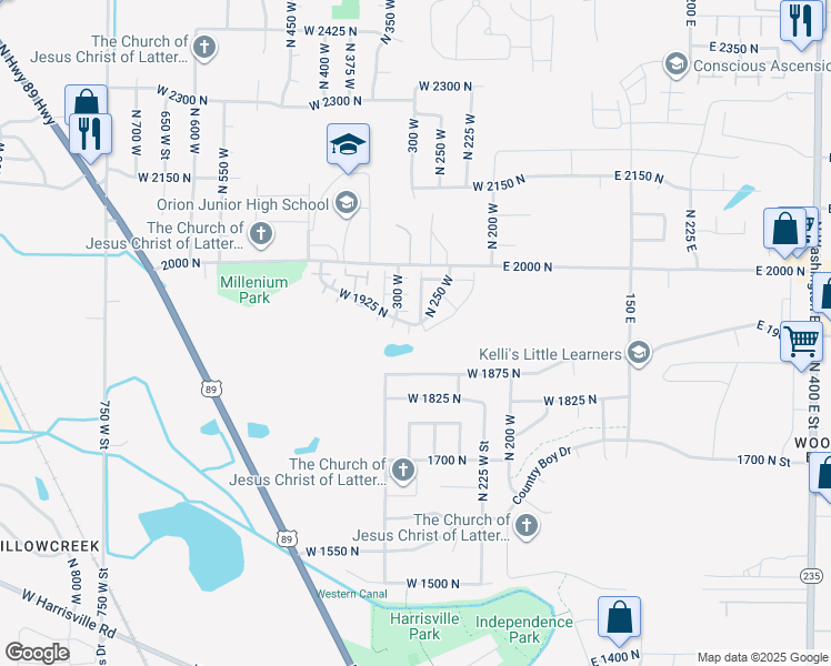 map of restaurants, bars, coffee shops, grocery stores, and more near 1922 North 225 West in Ogden