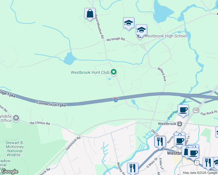 map of restaurants, bars, coffee shops, grocery stores, and more near 313 Pond Meadow Road in Westbrook