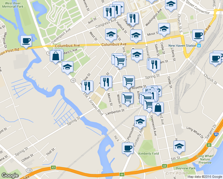 map of restaurants, bars, coffee shops, grocery stores, and more near in New Haven