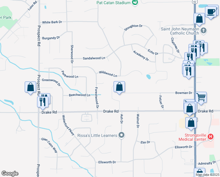 map of restaurants, bars, coffee shops, grocery stores, and more near 17228 Woodlawn Court in Strongsville