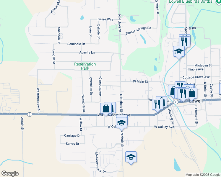 map of restaurants, bars, coffee shops, grocery stores, and more near 422 Commanche Drive in Lowell