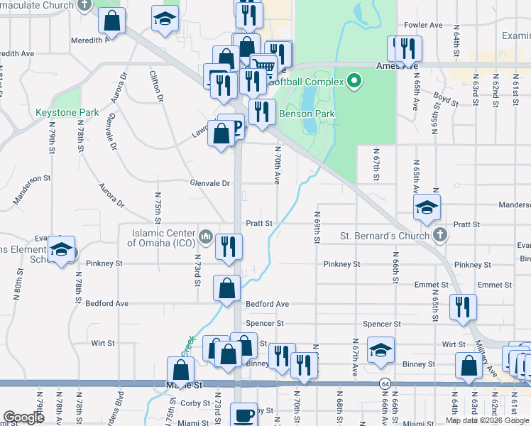 map of restaurants, bars, coffee shops, grocery stores, and more near 3833 North 72nd Street in Omaha