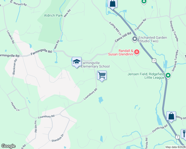 map of restaurants, bars, coffee shops, grocery stores, and more near 165 Lounsbury Road in Ridgefield