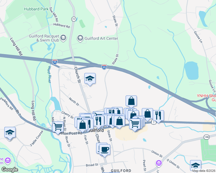 map of restaurants, bars, coffee shops, grocery stores, and more near 257 State Street in Guilford