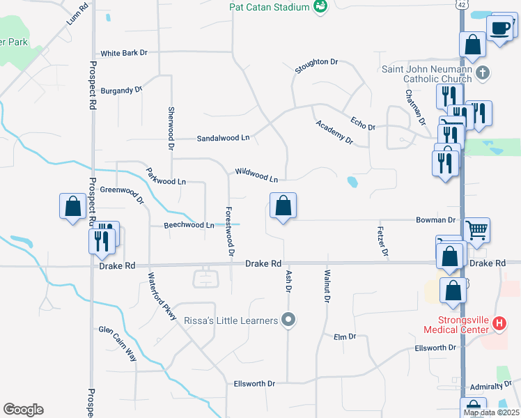 map of restaurants, bars, coffee shops, grocery stores, and more near 17228 Woodlawn Court in Strongsville