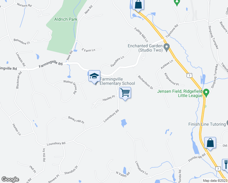 map of restaurants, bars, coffee shops, grocery stores, and more near 165 Lounsbury Road in Ridgefield